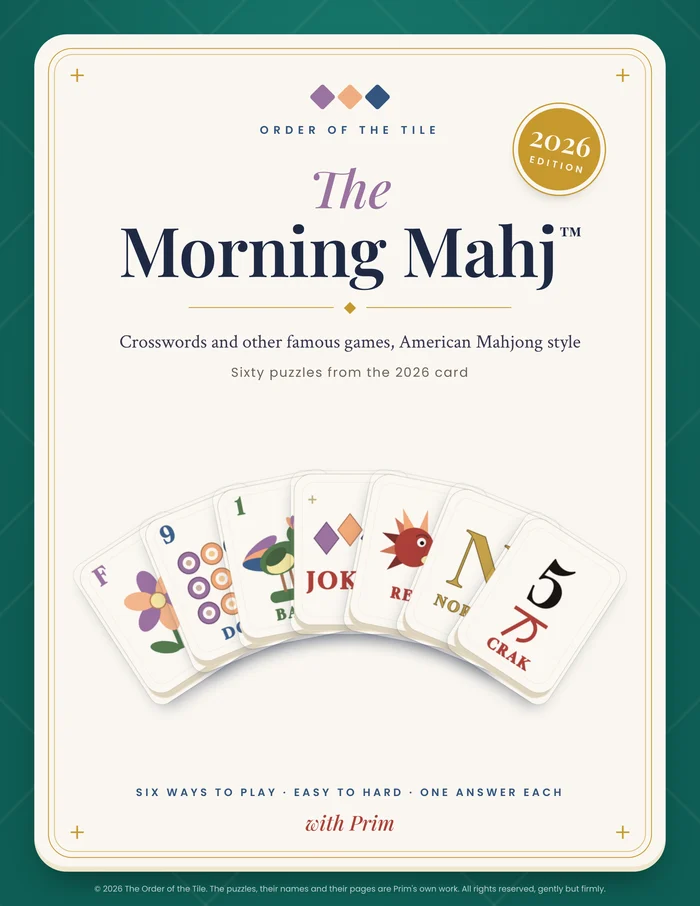 The cover of The Morning Mahj, a puzzle book of sixty puzzles from the 2026 card, with a fan of seven mahjong tiles