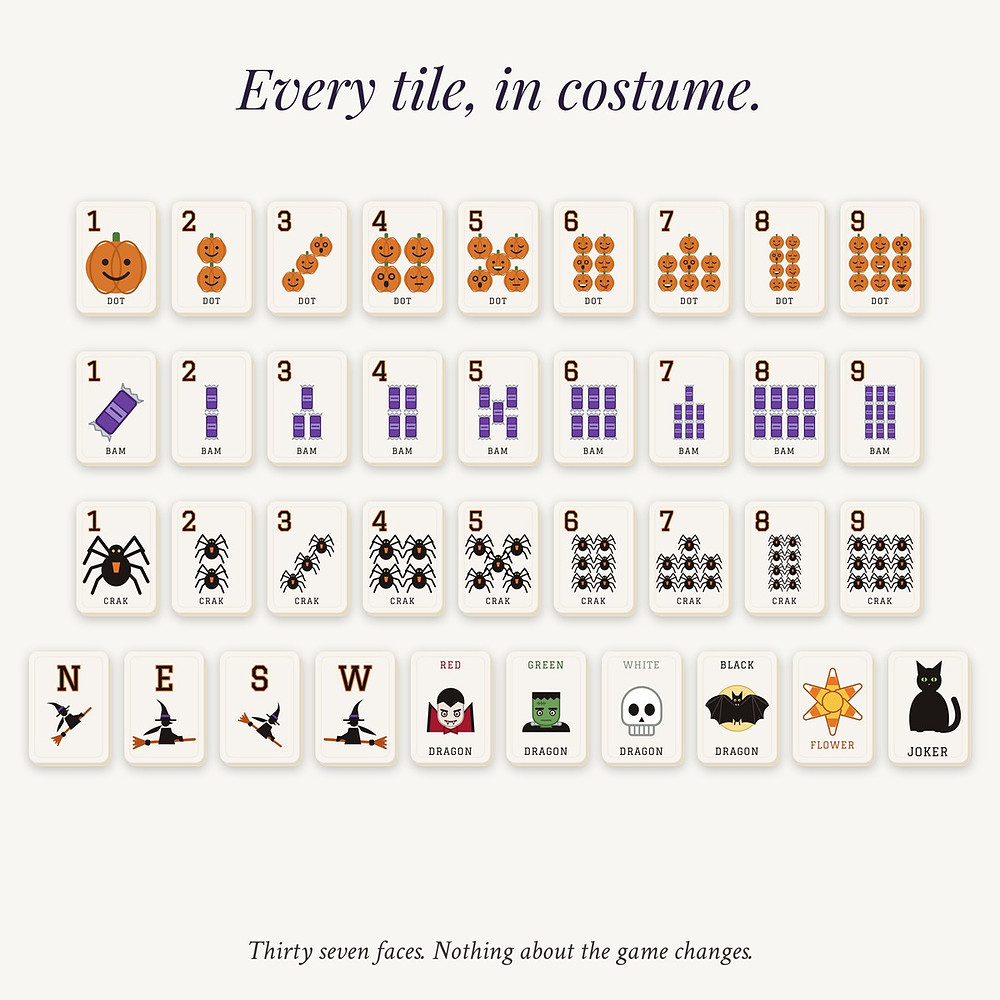 The Halloween Card Deck: every tile of the set drawn in costume, pumpkins for Dots, candy for Bams, spiders for Craks